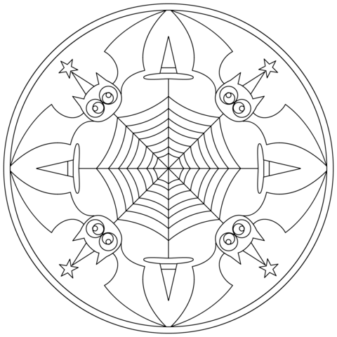 Coloring page Halloween Mandala with bats
